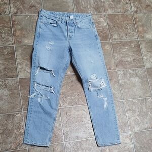 & Denim Boyfriend Distressed Light Blue Jeans Button Front